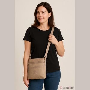 Kipling tan Beige Triple zipper crossbody bag purse handbag